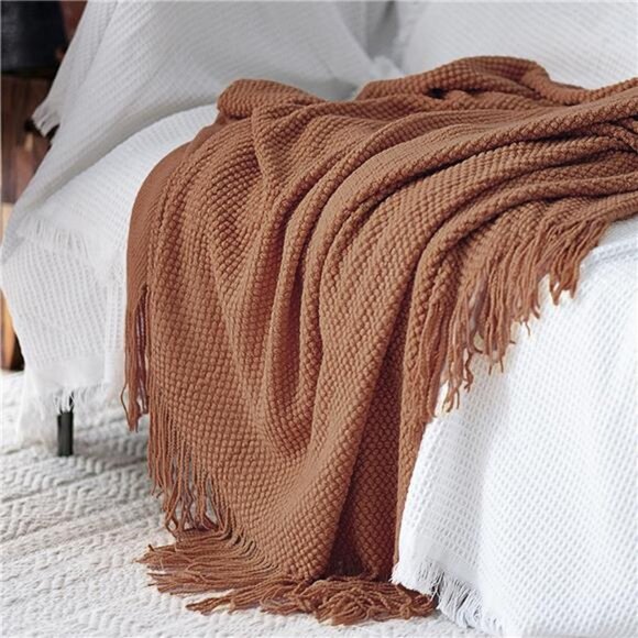 Knitted Throw Blanket with Tassels Bubble Textured Bed Blanket - Picture 5 of 7